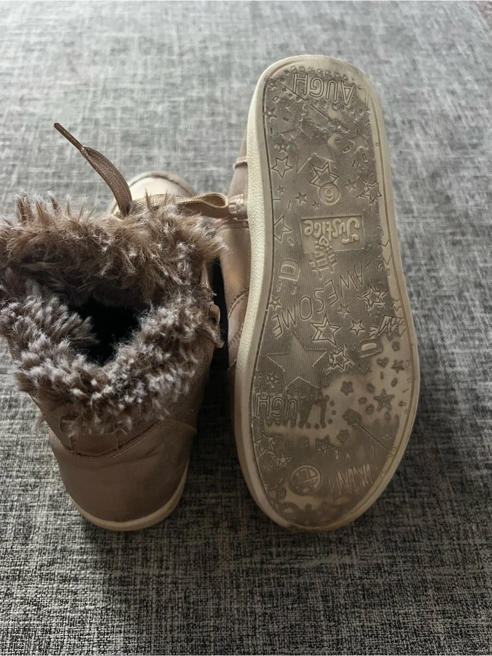 Justice Girls Rose Gold Faux Fur Lined High Top Winter Boots Size 6 Zip Lace Up